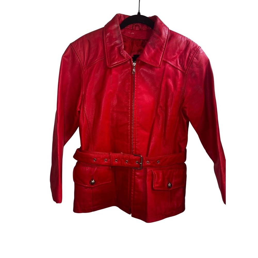 Vtg 90s Sz M Cherry Red Leather Cropped Belted Motorcycle Zip Up Jacket Y2K